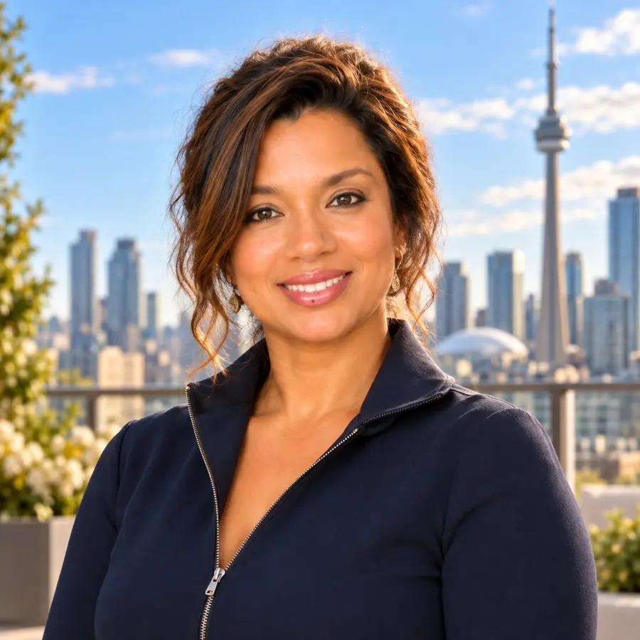 Leera Lewis smiling in the sunshine with the Toronto skyline behind her